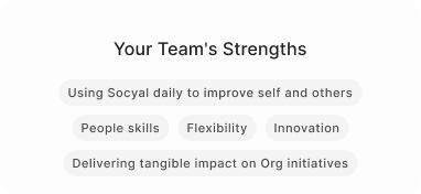 Visual representation of 'Your Team's Strengths' highlighting usage of Socyal for improvement, people skills, flexibility, innovation, and delivering impact on organizational initiatives